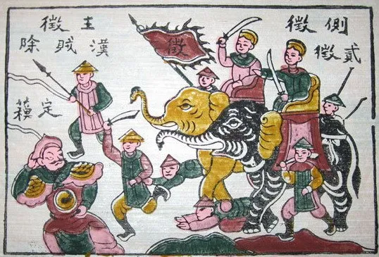 Tranh Đông Hồ vẽ Hai Bà Trưng cưỡi voi ra trận, quân sĩ cầm cờ và giáo đi theo