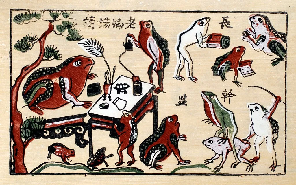 Tranh Đông Hồ Ếch đi học: thầy cóc ngồi bên án thư, đàn ếch con cầm sách đứng quanh