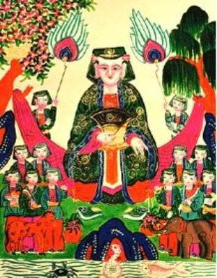 Tranh Hàng Trống vẽ Bà chúa Thượng Ngàn ngồi giữa, hai bên có các thị nữ, nền nhiều màu