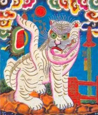 Tranh Hàng Trống vẽ một con hổ trắng ngồi giữa mây, quanh có cờ và hoa văn nhiều màu