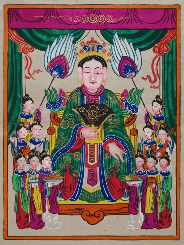 Tranh thờ dân gian nhiều màu vẽ một vị thánh ngồi giữa, hai bên có người hầu