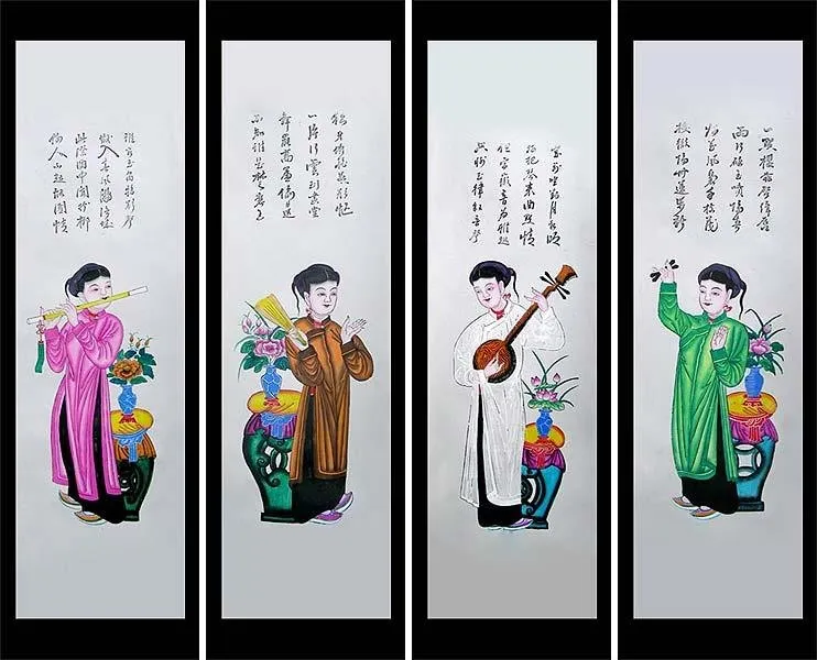 Bộ tranh tứ bình gồm bốn bức, mỗi bức vẽ một cô gái cầm một loại nhạc cụ, có chữ Hán bên trên