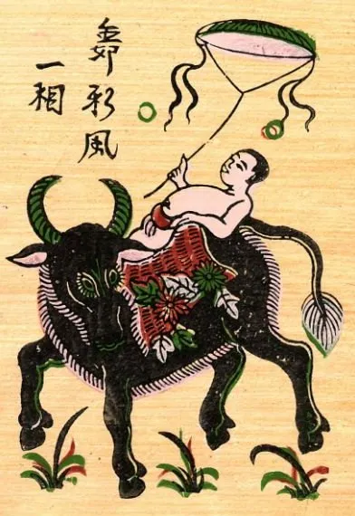 Tranh Đông Hồ vẽ cậu bé ngồi trên lưng trâu, tay cầm dây thả diều